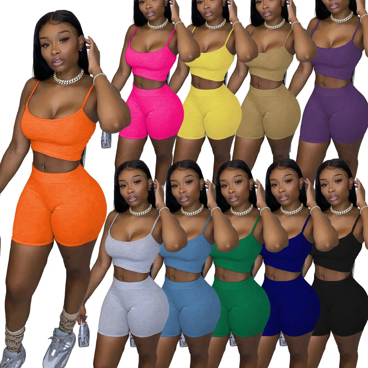 10 Colors Girls' T-Shirts And Biker Shorts Set Shirts For Women Plain Tank Crop Top and Skinny Booty Shorts For Women