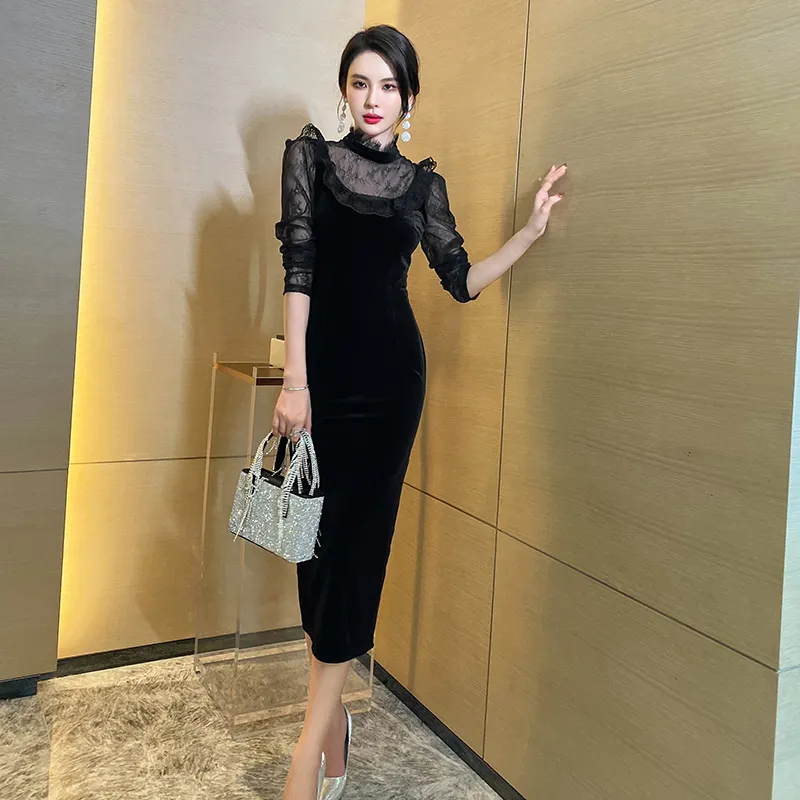 9415 Niche Design Stylish Black Lace Top Wedding Apparel Stand Collar Hollow Out Long Sleeve Bodycon Dress