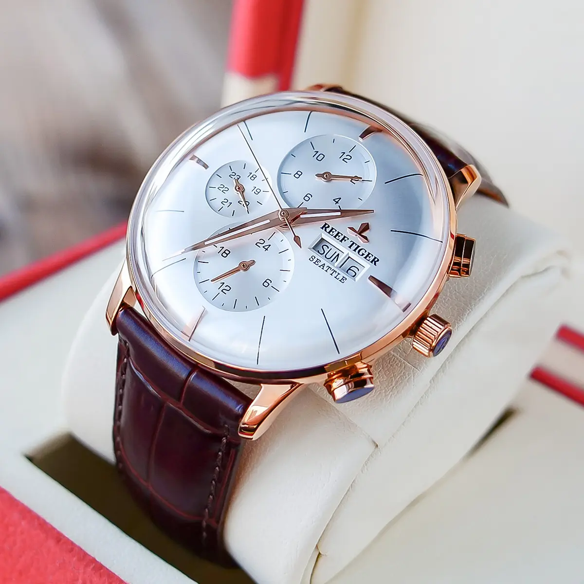 Риф Тигр многофункциональные мужские часы класса «Люкс», модные часы ультра-тонкий футляр из настоящей кожи, автоматические часы RGA1699