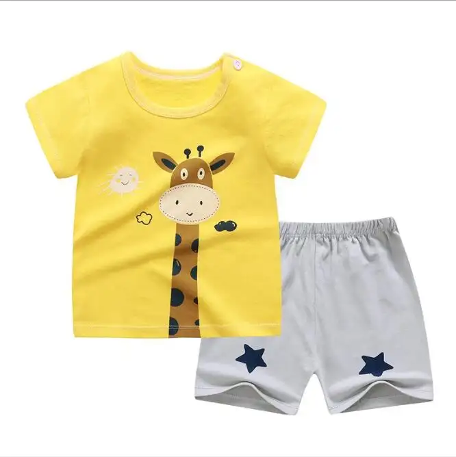 Wholesale Cheap kids clothing Cotton Baby Wear Cartoon summer shirt with short pants Unisex baby clothes set