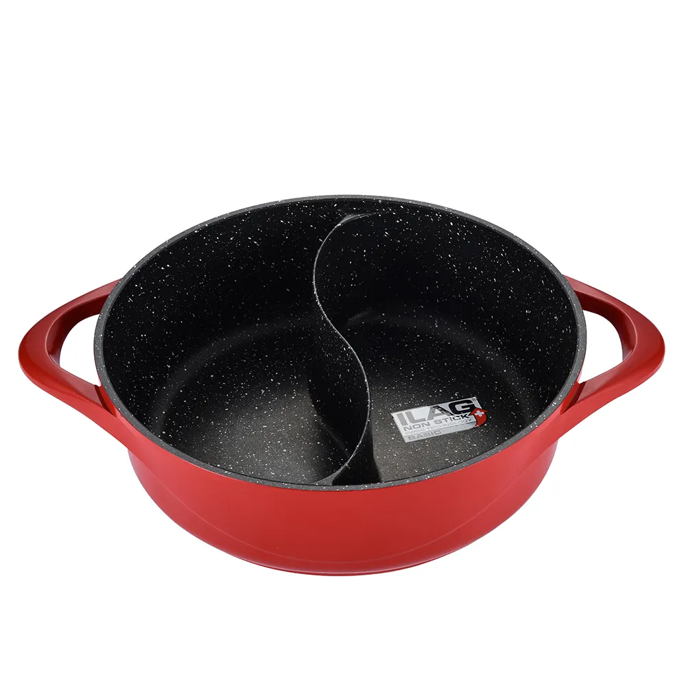 Wholesale Chinese Multifunction Aluminum Divided Hot Pot Non Stick Red Granite Coating Shabu Shabu Hotpot