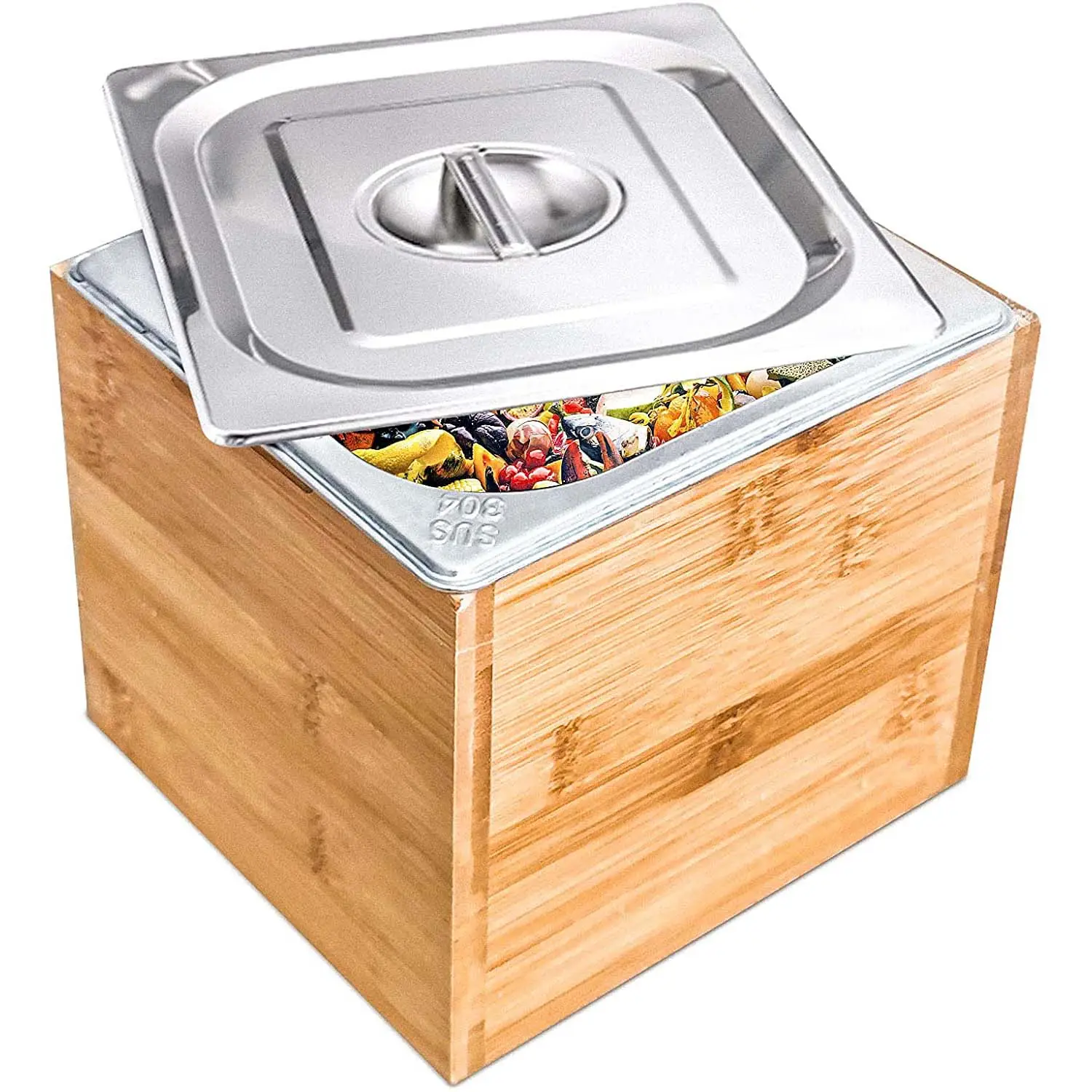 Countertop Bamboo Compost bin with lid, Wooden Box with Stainless Steel, 0.75 Gal Smell Proof Compost Bin Bucket Kitchen