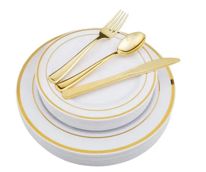 Пластиковые тарелки для вечеринок с ободком из белого золота, 50 сверхмощных обеденных тарелок 10,25 дюйма премиум-класса и 50 одноразовых десертных аппетита 7,5 дюйма, элегантные