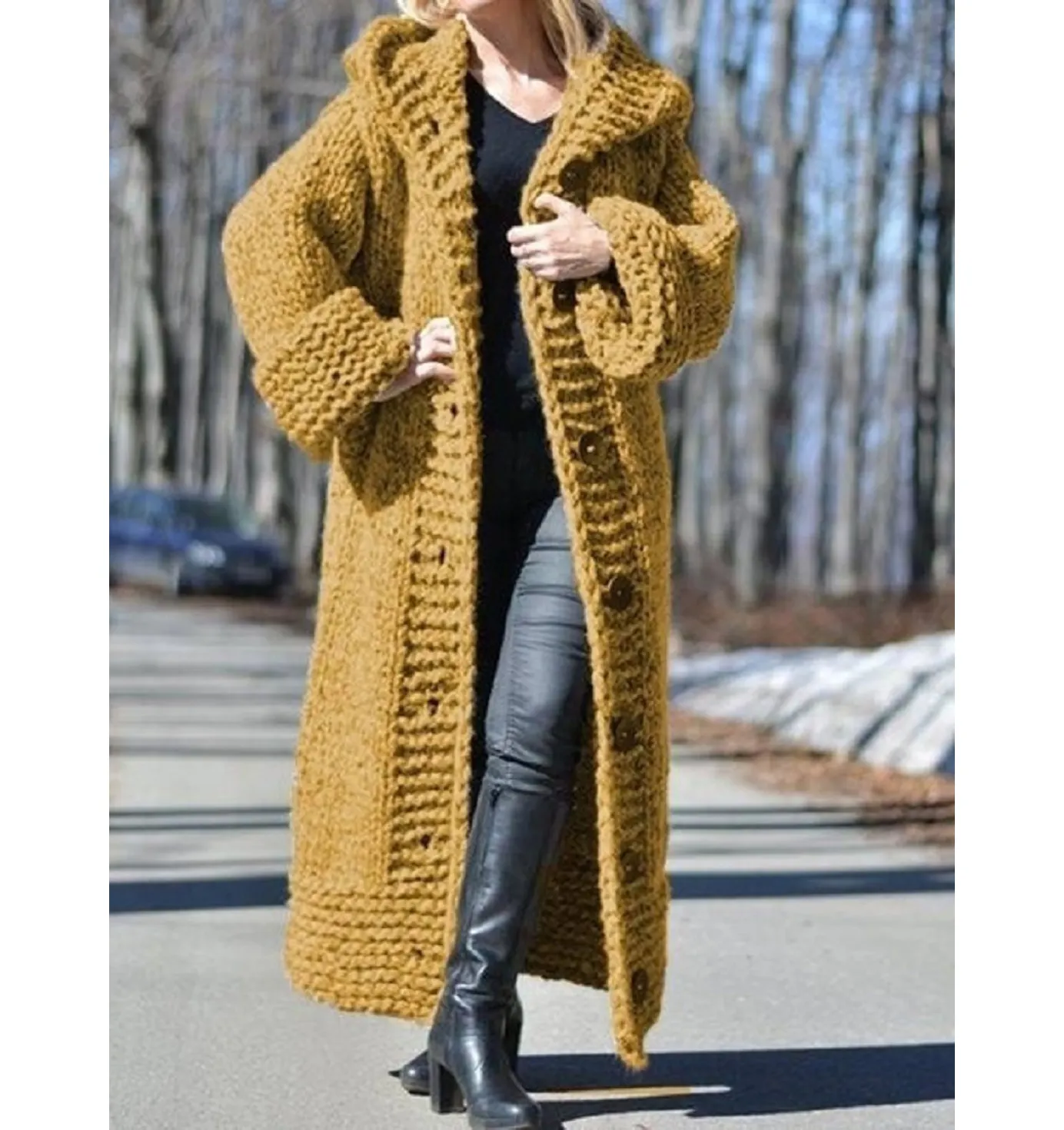 2023 осенне-зимний свитер с капюшоном толстый теплый кардиган женские вязаные пальто свободные длинные пальто трикотаж