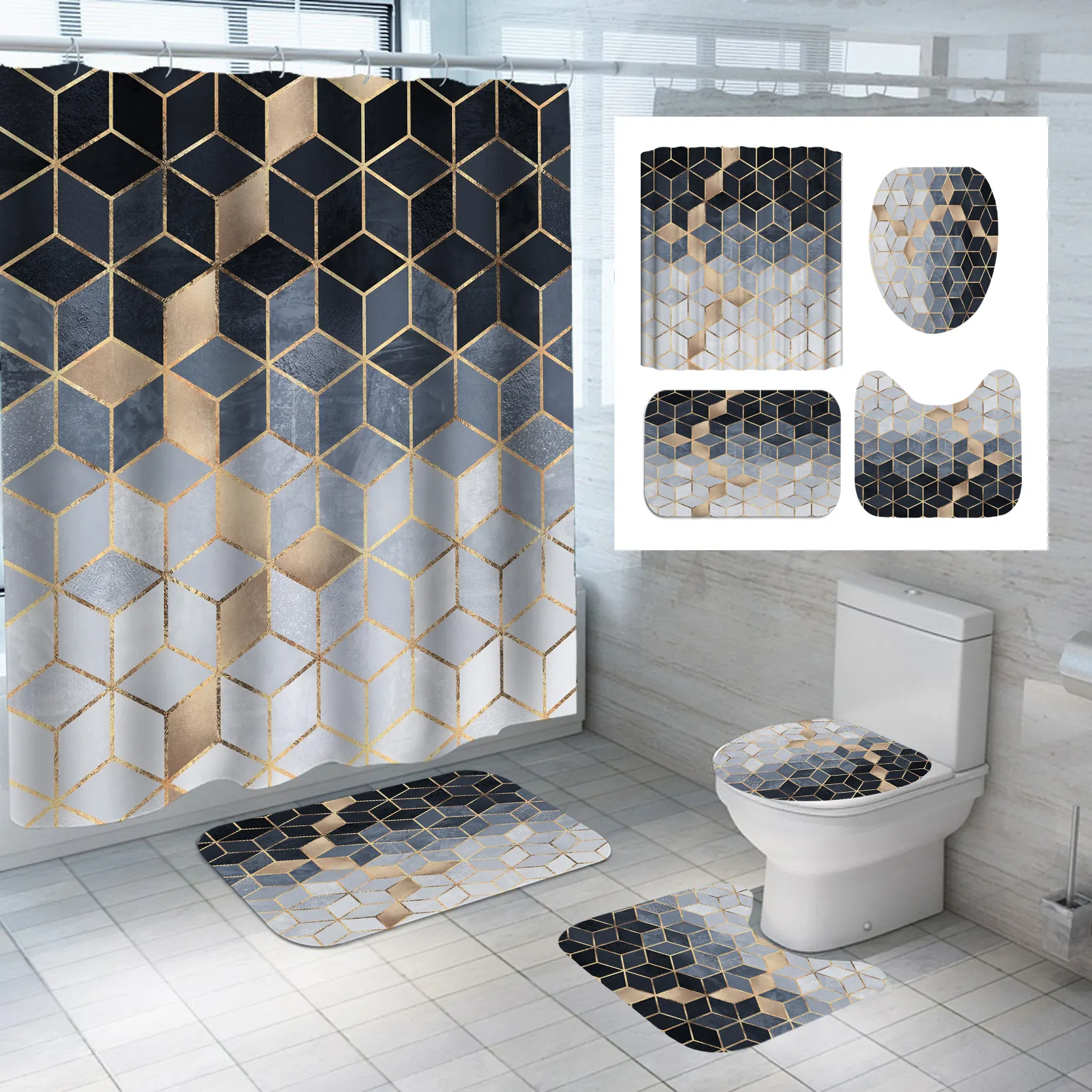 2021 дома готовые пользовательский дизайн ткани персонализированные геометрический узор с ванна душ занавес 4 предмета в комплекте