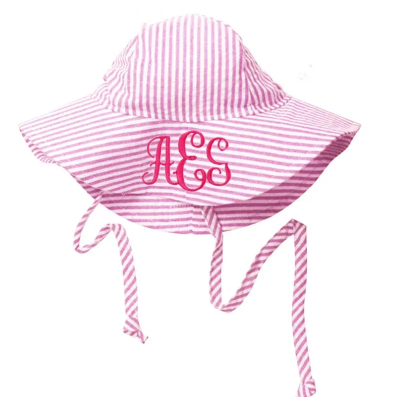 Fashion New Personalized Toddler Kids Seersucker Cap Bonnets Sun Baby Infant Monogrammed Custom Logo Bucket Hat