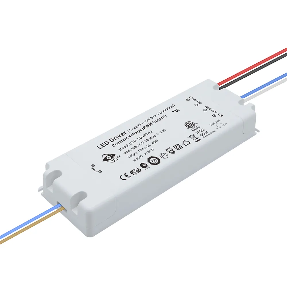 ETL cETL FCC ROHS 12V Triac dimmable/0-10v/1-10v/10v PWM/Potentiometer( 5 in 1) dimmable 60W LED Driver