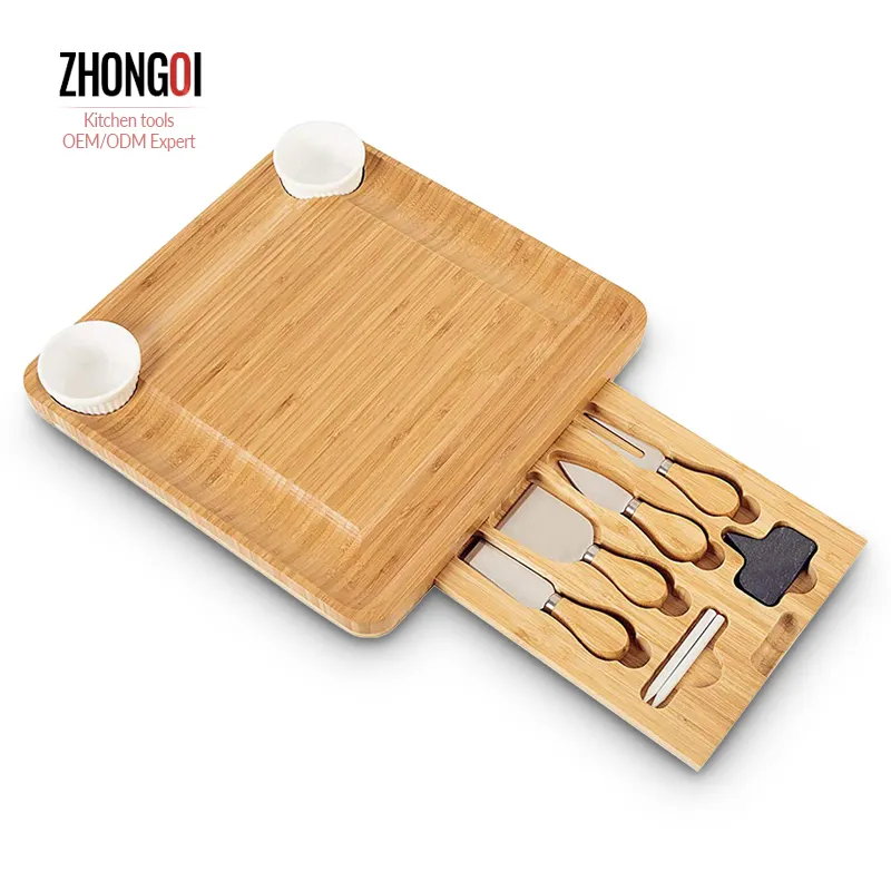Natural Bamboo Cheese Board Tools Charcuterie Platter With Utensils Set 4 Stainless Steel Cutting Knives/