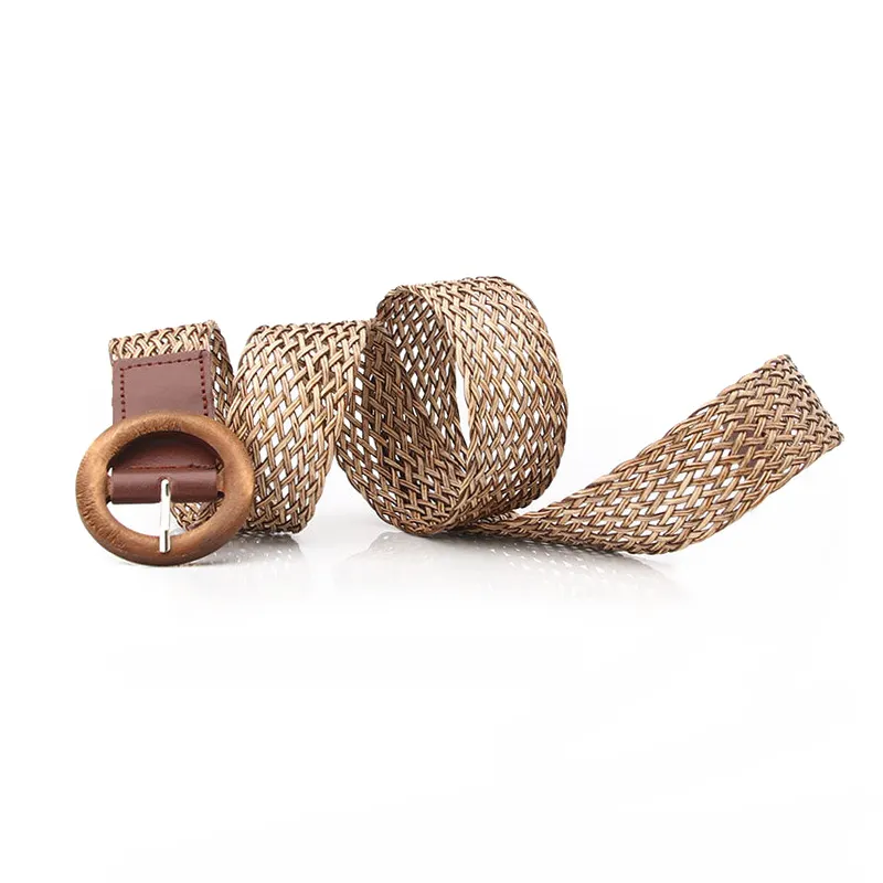 Rings Wooden Buckle Fashion Woven Braided Ladies Belt with Bohemian style