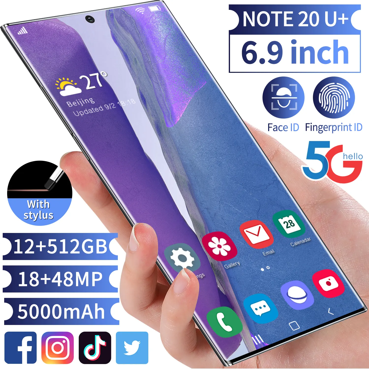 2021 Wholesale Smartphone 6.9Inch AMOLED Screen Note 20U+ Android 10.0 Telephone 12GB+512GB Smartphone With Face Unlock