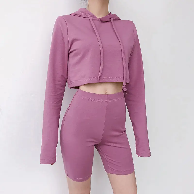 Wholesale Women Sports 2 Pieces Crop Top Hoodie Shorts Set