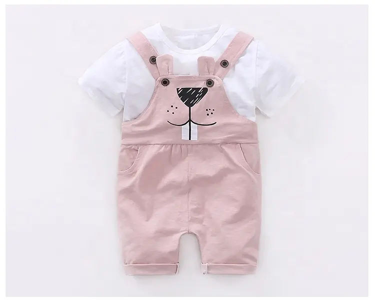 Fashional Baby 2pieces Clothing Sets Short Sleeves Tshirts+Overalls with Cartoon Dog Pattern for Summer