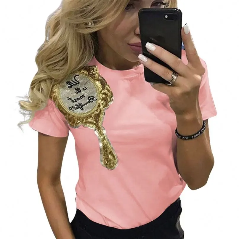 Женские Свитер с круглым вырезом, с короткими рукавами, с аппликацией, с блестками футболка MN069