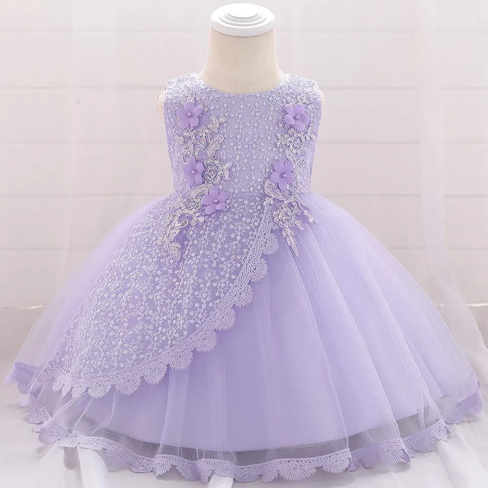 Кружевное платье с цветочной аппликацией, платья для маленьких девочек, 1 год, платье для вечеринки на день рождения свадебное платье От 0 до 2 лет детские юбки L1902XZ