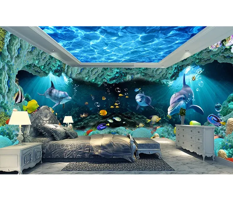 3D underwater world dolphins theme decoration whole bedroom wallpaper murals for kids room