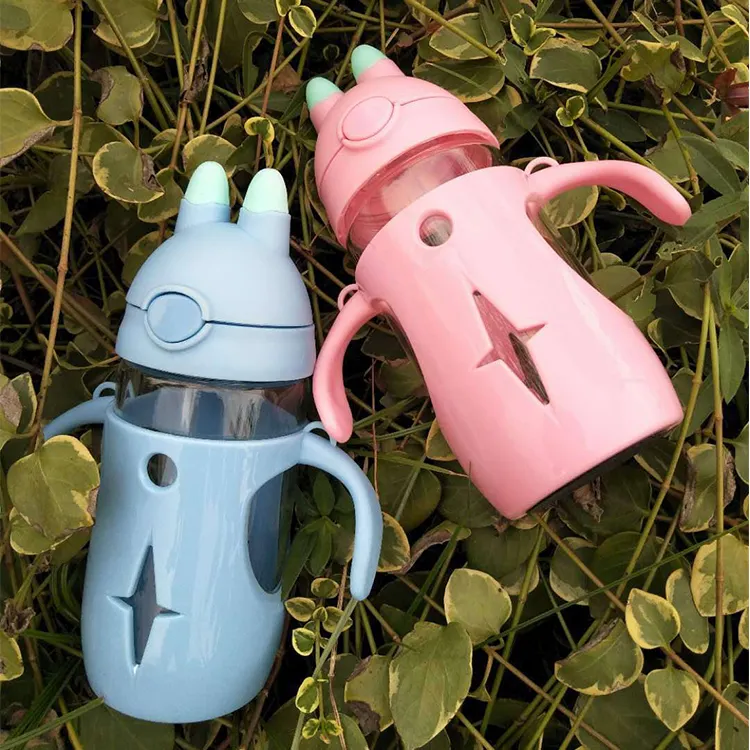 cute rabbit bottle water silicone baby bottle with straw bpa free bottle with handle food grade straw for baby