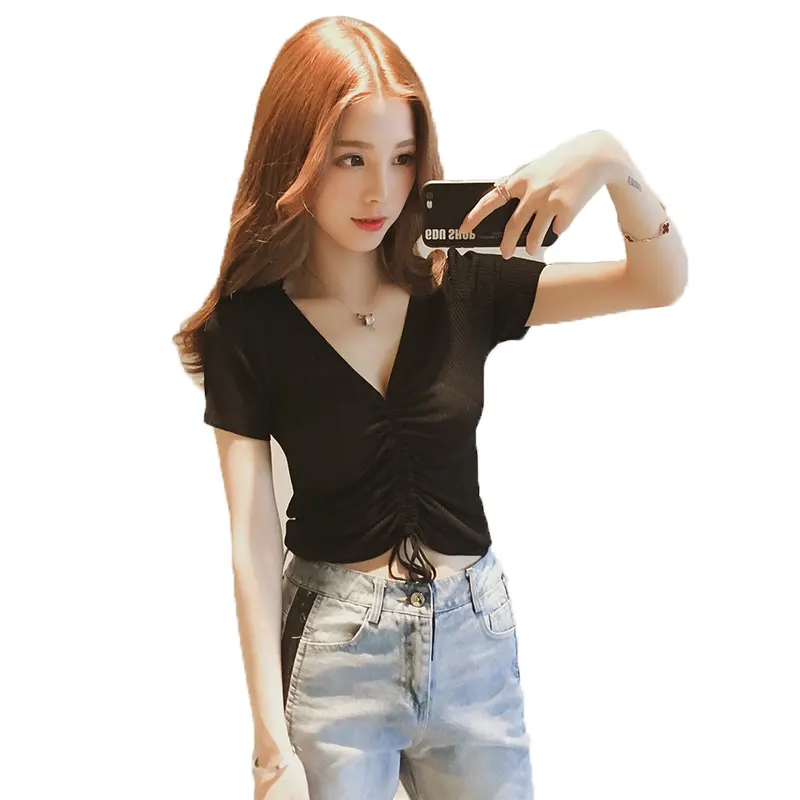 Rib T-shirt No Brand V Neck Compression Rolled Sleeve Girls Rib T Shirt Cotton