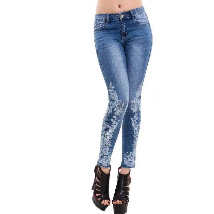 Женские облегающие джинсы с цветочной вышивкой, брюки-карандаш из денима, большие размеры 5XL, Y11263