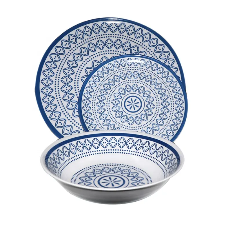 OEM Небьющийся пластиковый светло-голубой обеденный набор с узором на заказ, меламиновая синяя и белая китайская посуда