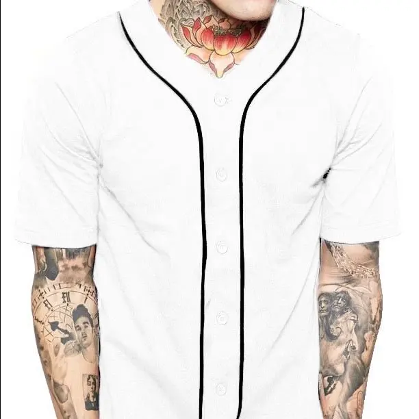 Men tshirt 100% polyester white plain baseball jerseys in stock polyester button Sublimated Printing