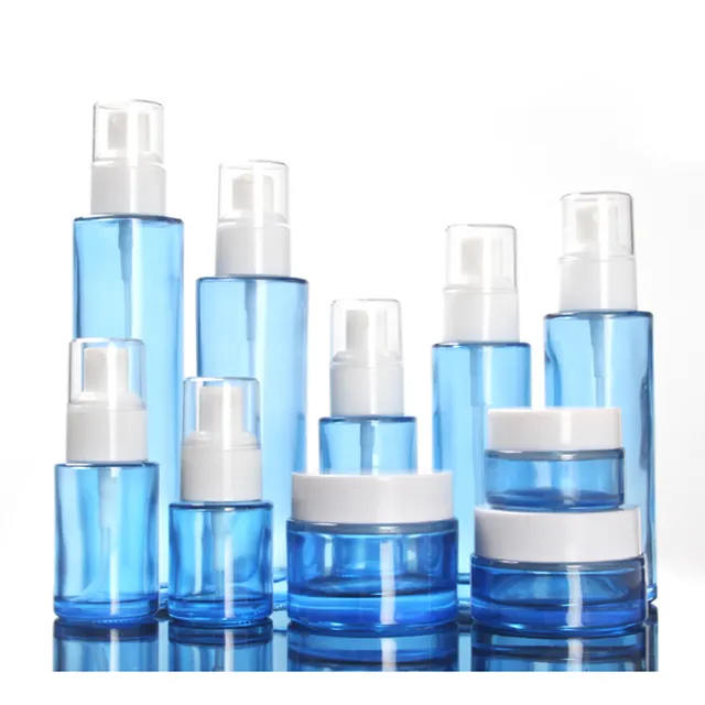 Fuyun Fast Shipping Cosmetic Packaging Light Blue Face Cream Jar Skin Care Lotion Glass Bottle with Lotion Pump