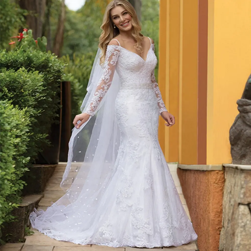 Long Sleeve Wedding Gown with Fishtail new Africa Wedding Dress Mermaid Bridal Gown White Lace Wedding Dress Bridal Gown A260