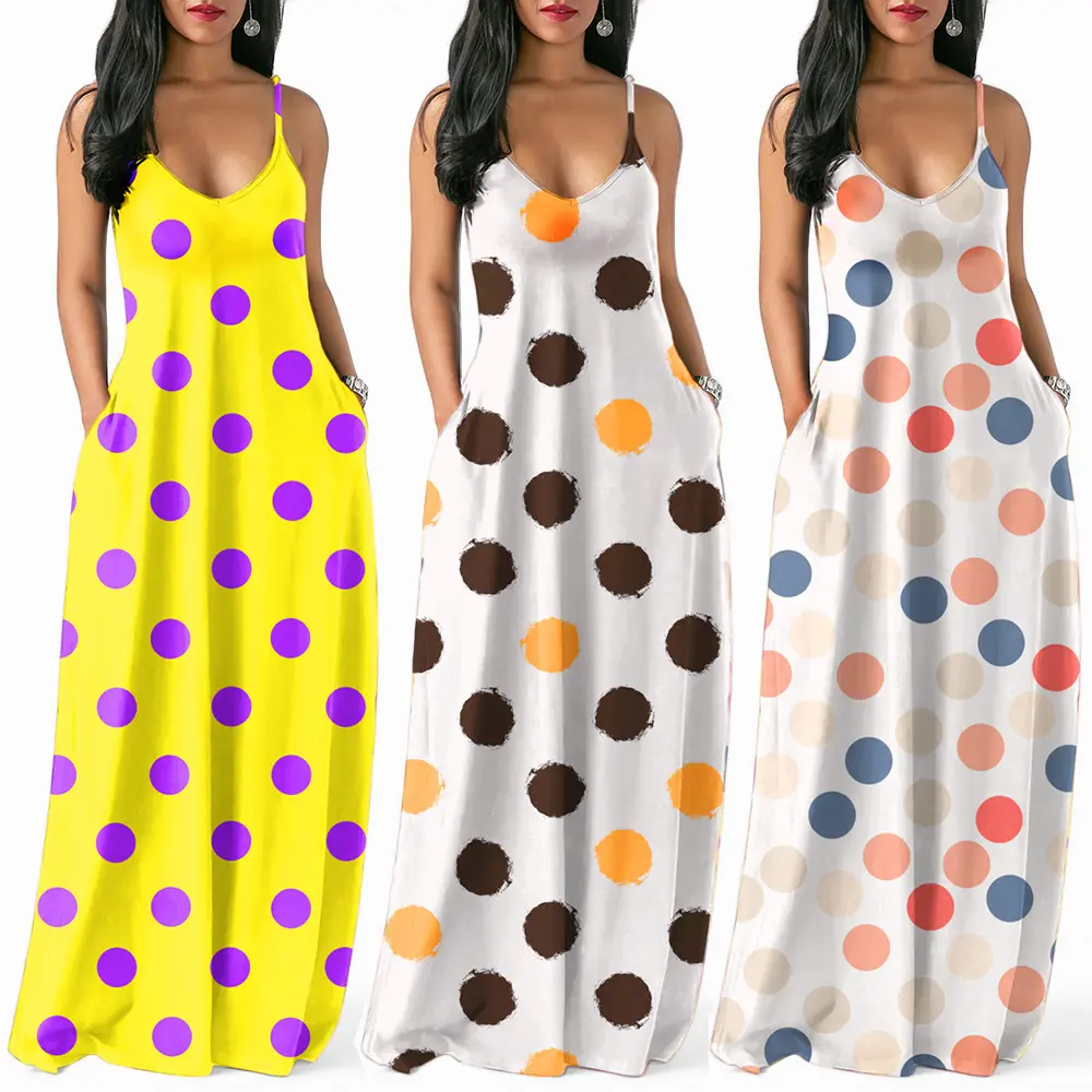 Ready to ship OEM ODM MA6053 plus size 3 colors spaghetti strap sleeveless polka dot long maxi dress women