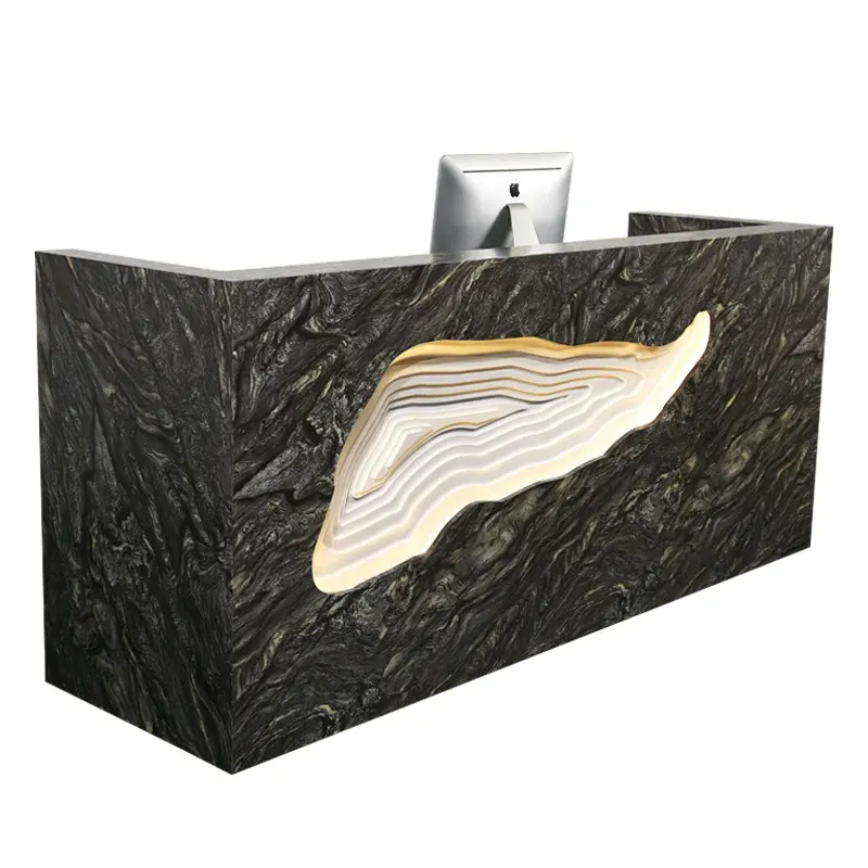 2019 imitate black marble stone front desk LED unique shaped wooden beauty salons reception desk