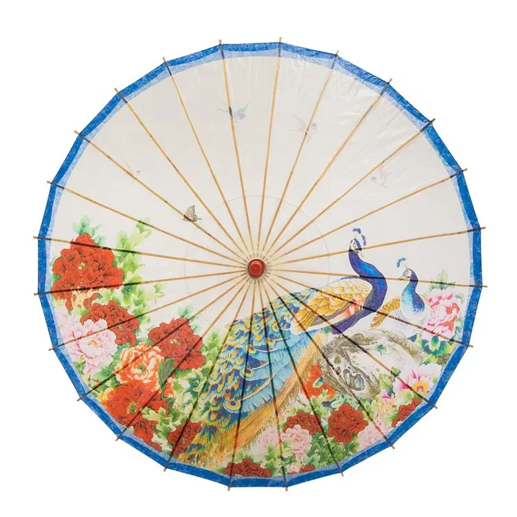 Hot Sale Rainproof Wooden Handle Handmade Chinese Peacock Oiled Paper Umbrella With Parasol 33"