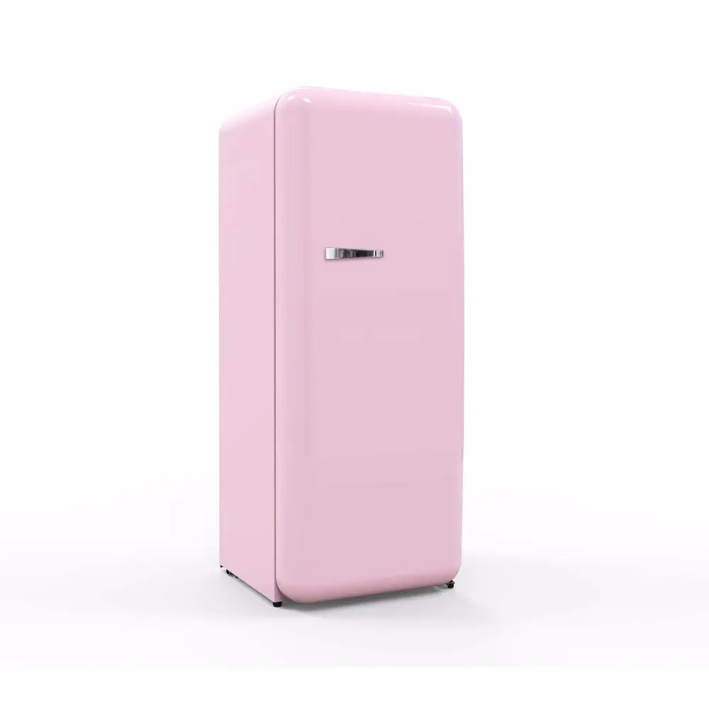 Pink smeg retro refrigerator with optional finish and large capacity curved upright fridge with freezer and fridge part