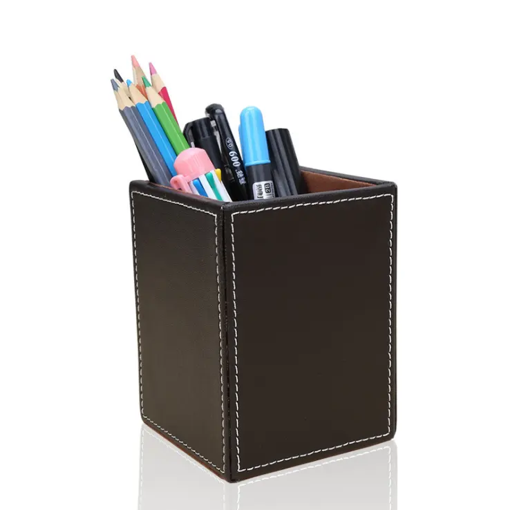 PU Leather Square Pens Pencils Holder Cup Desktop Stationery Organizer Case Office Accessories Container Box