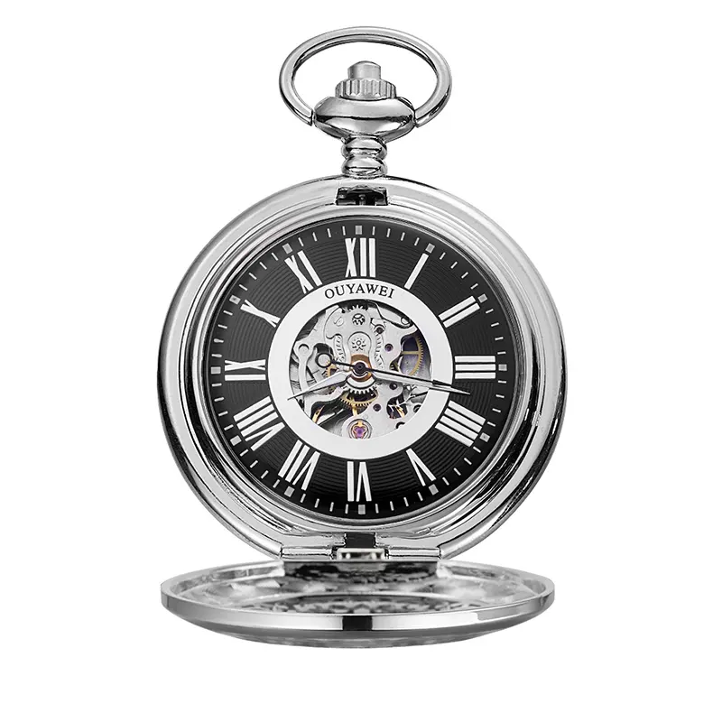 Top Sale Cheap Price Custom Logo Roman Number 3Atm Waterproof Stainless Steel Chain Automatic Skeleton Gear Pocket Watch