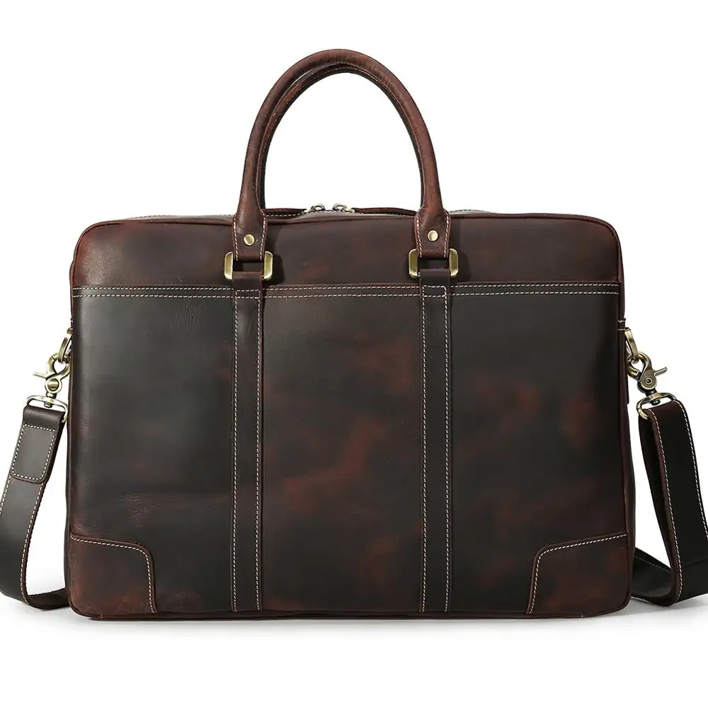 Vintage Crazy Horse Leather Men Briefcase Retro Genuine Leather 17 inch Laptop Briefcase Bag