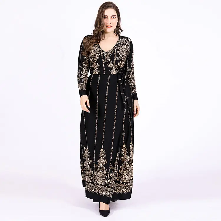 Wholesale luxury black maxi long sleeve women wrap evening dresses plus size