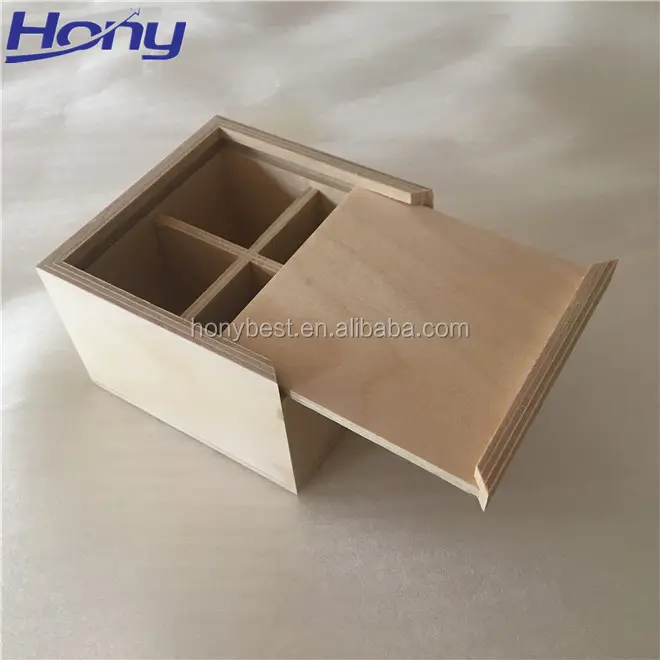 Small Square Unfinished Sliding Lid Birch Plywood Box Wholesale with 4 compartments