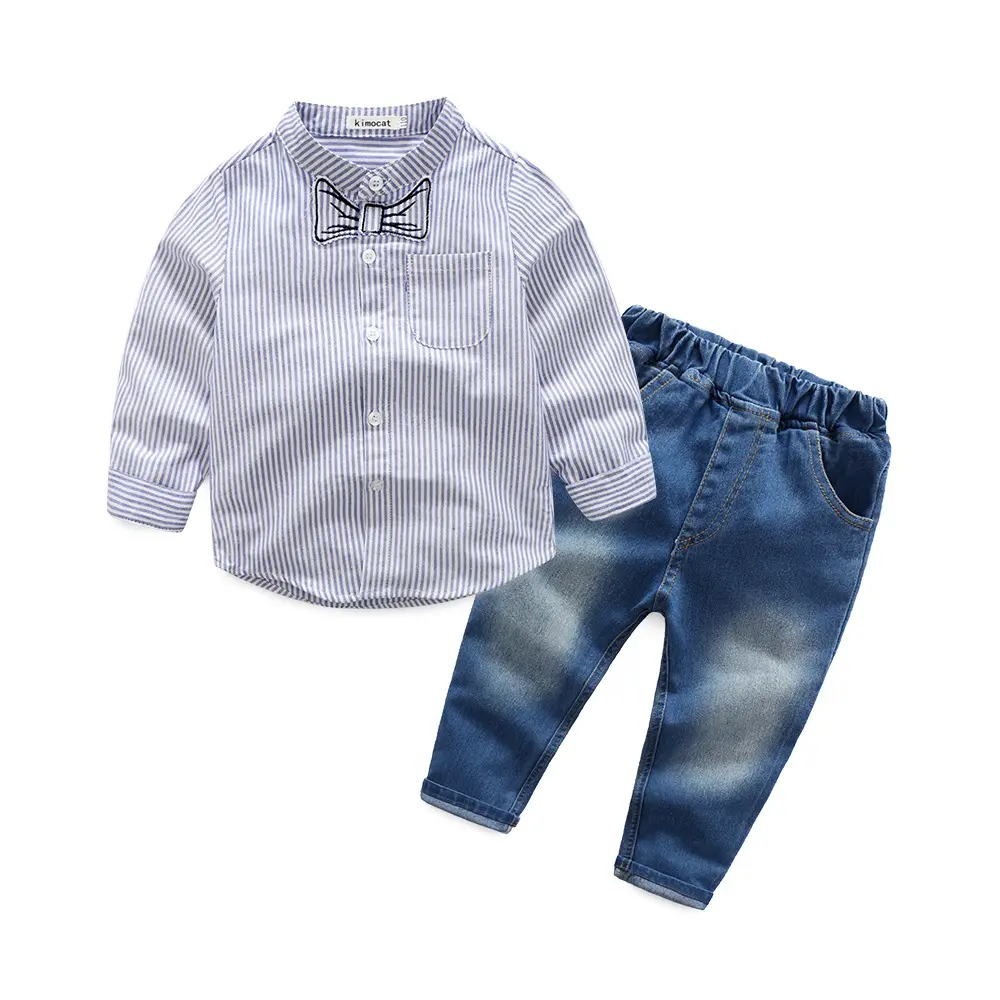 Новый детский костюм полосатая рубашка и джинсы брючный костюм для детей рубашки для мальчиков