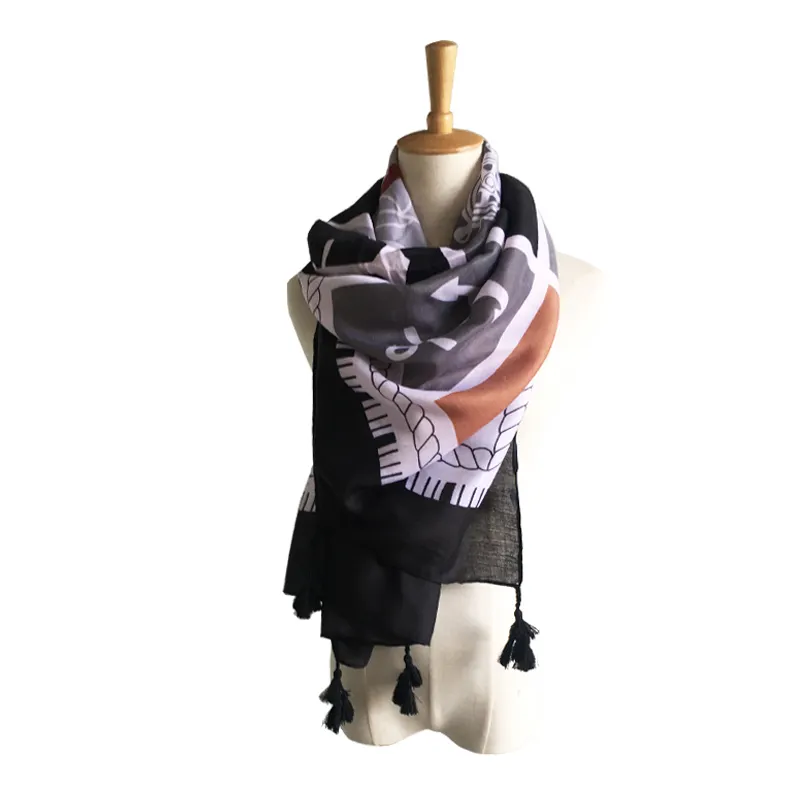 2018 newset spring /autumn women black cotton arrows printed tassel fringe scarves