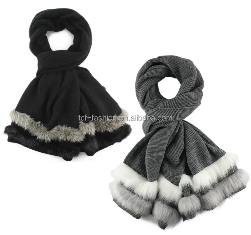 Ladies' acrylic fashion trendy big pompom faux fox fur fringe long knitted scarf
