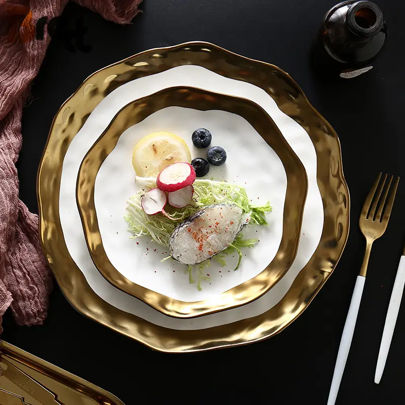 European style dinnerware ceramic white dinner plate with gold rim for restaurarnt