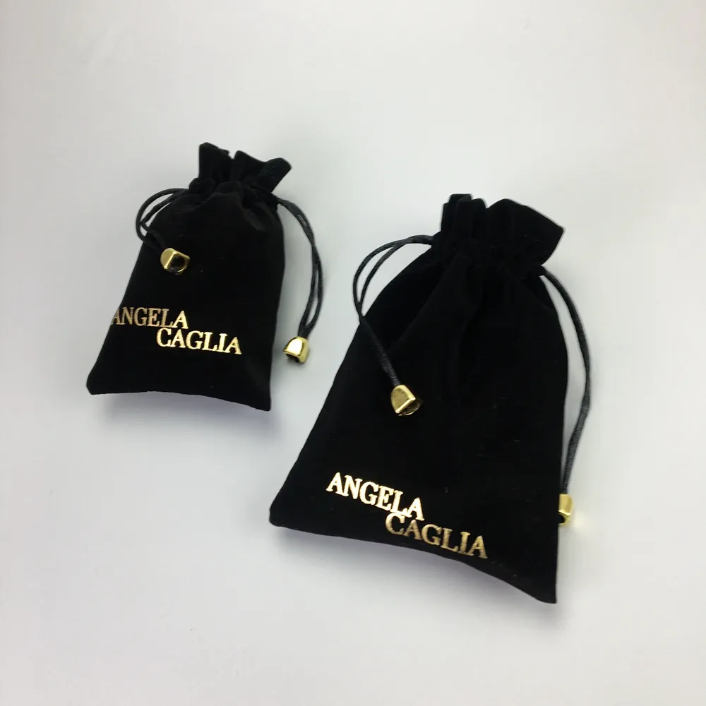Portable Black flocking gold printing custom velvet pouch jewelry drawstring bag