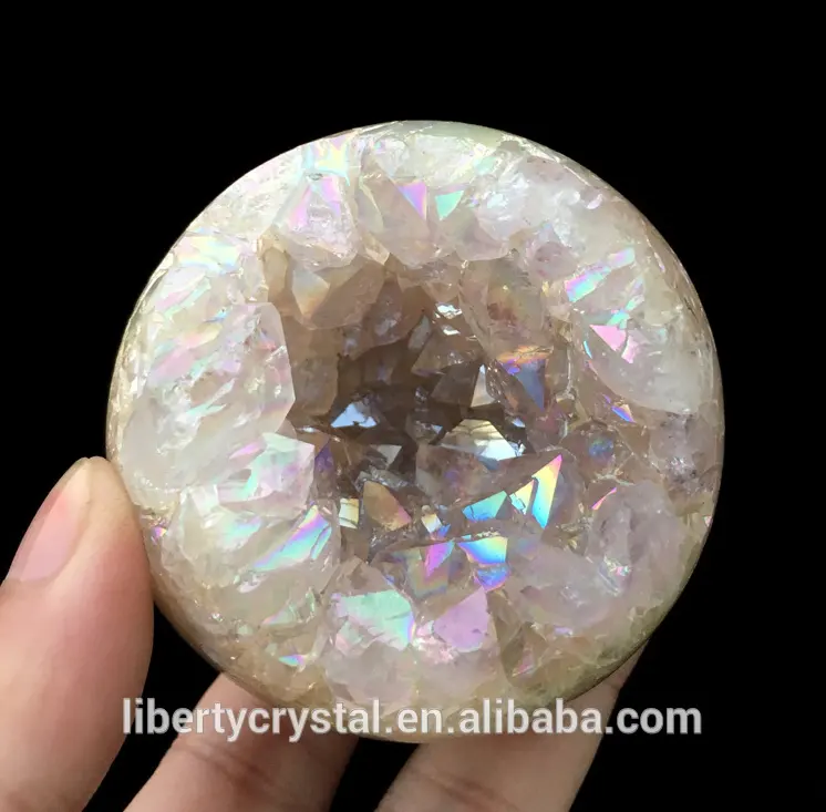 Natural Angel Aura Quartz Geode Sphere Smiling Crystal Cluster Ball