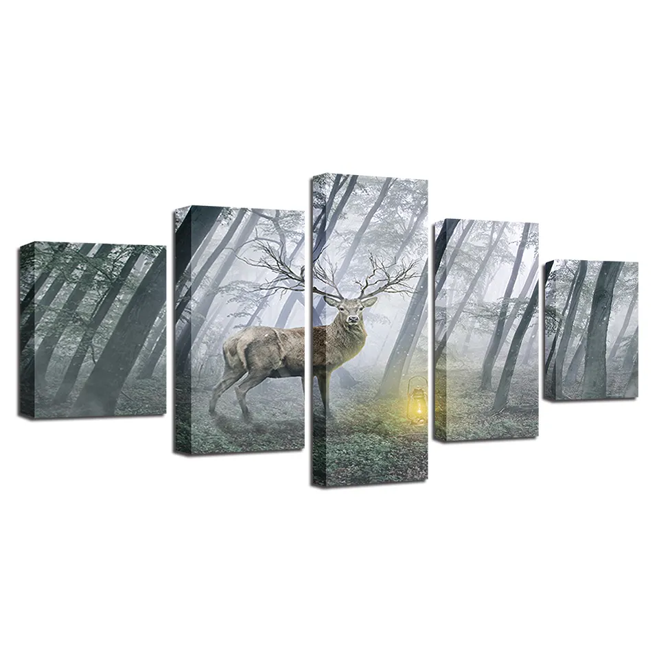 Custom canvas prints 5 panel wall art painting for deer picture painting canvas wall art