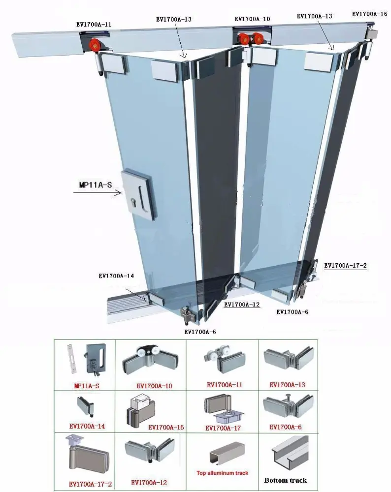 Складная система раздвижных дверей, 4 панели, стеклянные складные дверные фитинги, петли с треком, OEM двойная дверь
