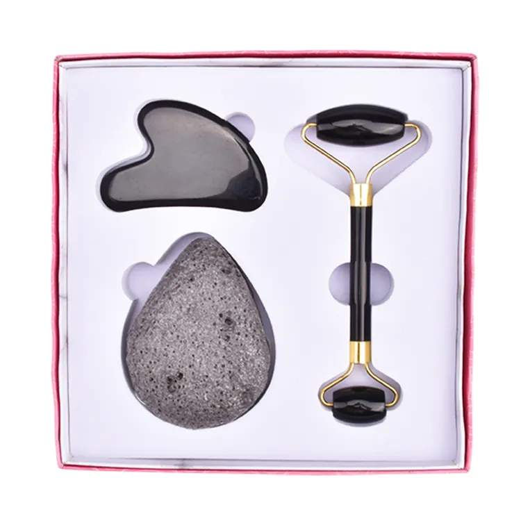 OEM ODM 100% Natural stone Black Obsidian Jade Roller Private Label ,Jade Face Roller And Gua Sha Massage Set