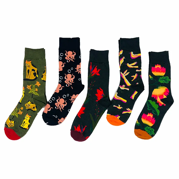 Креативные счастливые бамбуковые полосатые носки с подставкой, полностью хлопковые чулки с темными цветами для дам
