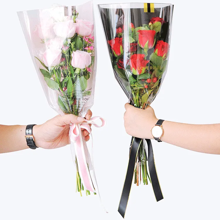 Factory new arrival bouquets packaging customized printed clear fresh plastic flower sleeve