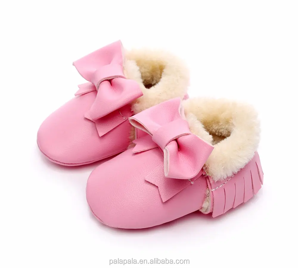 winter Tassel baby moccasin fleece bow shoes PU leather soft sole baby fringe boots