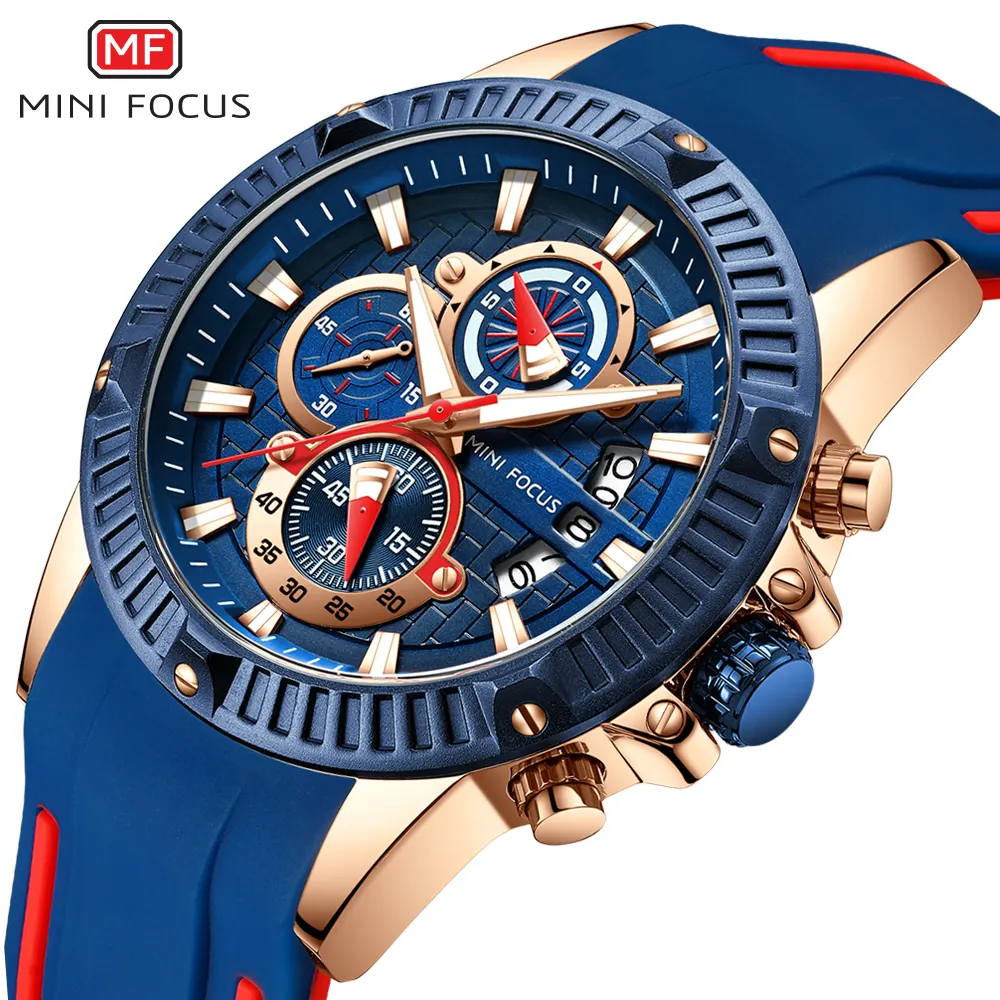 Mini Focus 2019 Man Fashion Watch Blue Rose Gold Rubber Strap 3D Bolt 3 Dials Waterproof Top Brand Luxury Sports Mens Watches