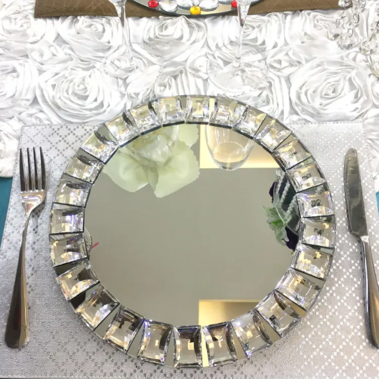 Оптовая продажа, обеденная посуда для свадебного торжества, круглые серебряные зеркальные тарелки из хрустального стекла с алмазным камнем