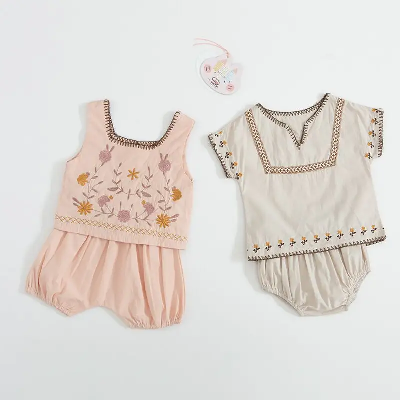 Wholesale cotton new born clothes embroidered baby suit for summer